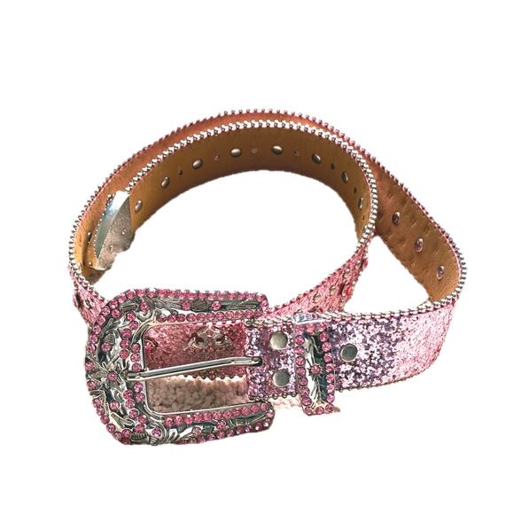 Western Pink Rhinestone Studded Leather Belt Bling Cowgirl Y2K - Picture 3 of 6